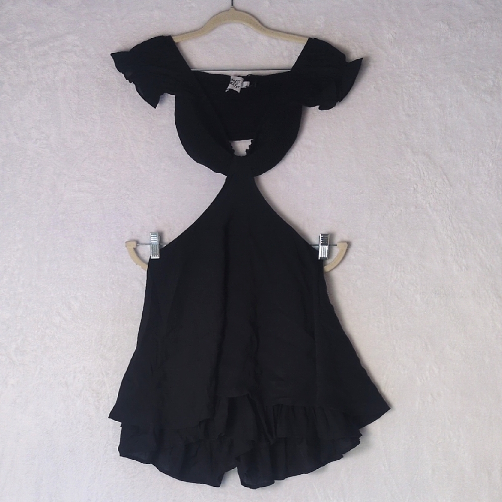 Princess Polly Womens Black Smocked Cutout Backless Flowy Romper Size 4